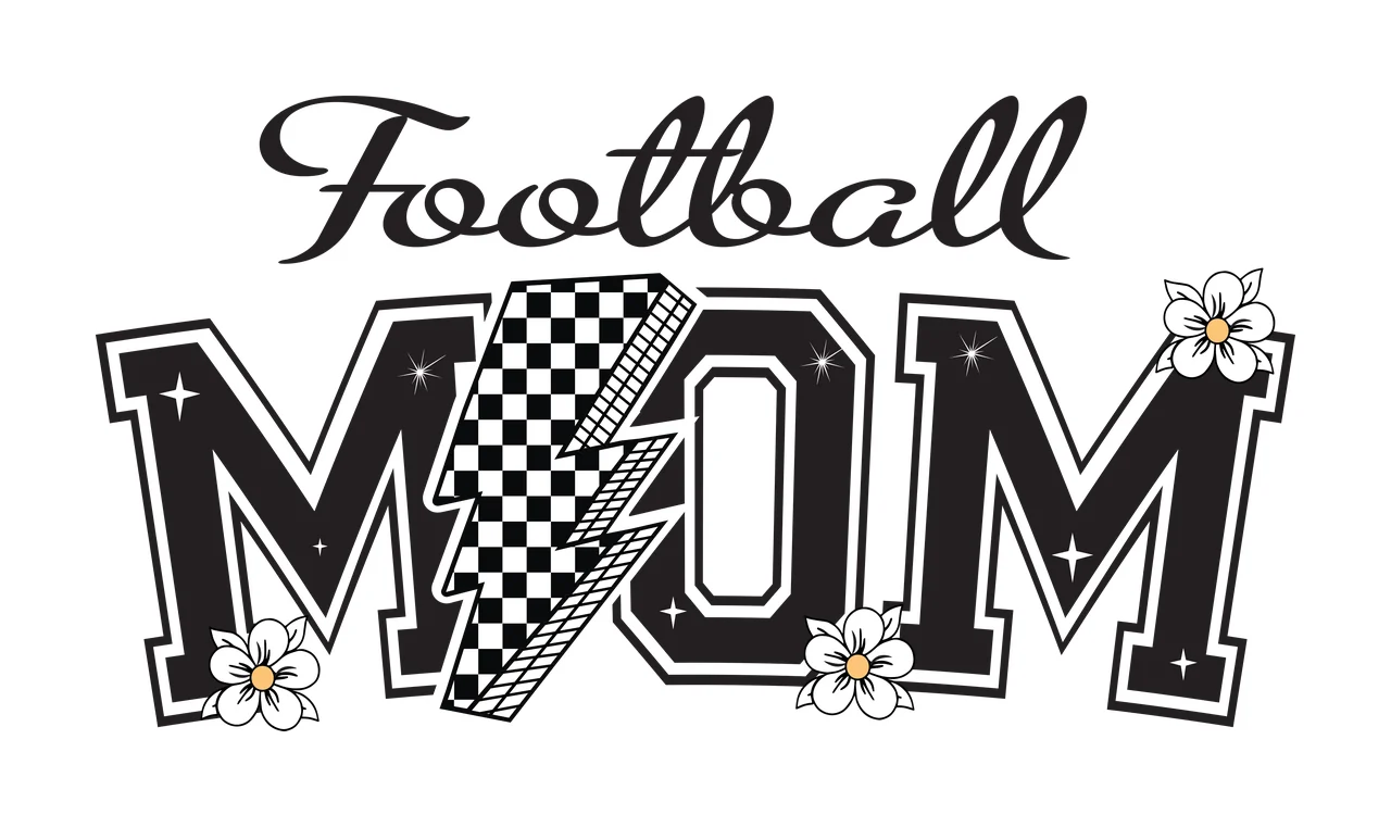 Football Mom Text With Lightning Bolt typography flowers black
