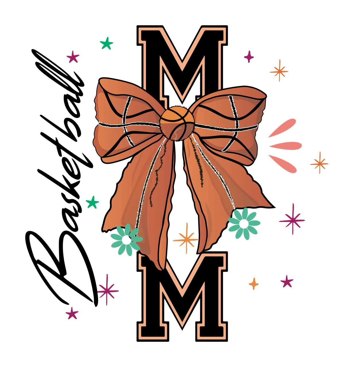 Basketball Mom Lettering With Bow text and decoration adorn