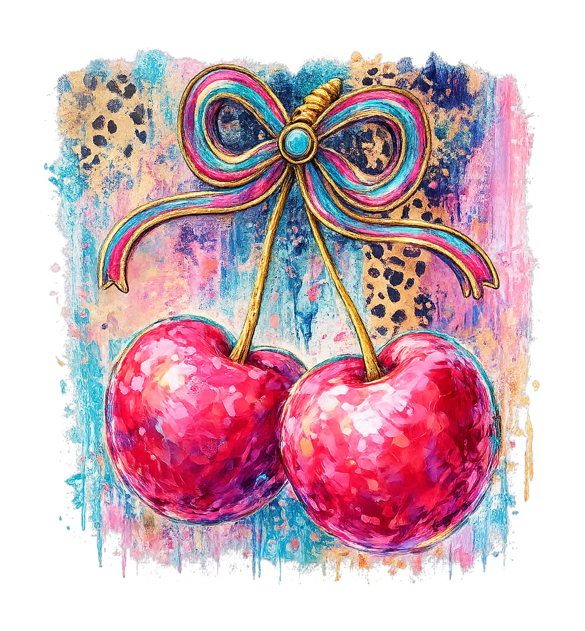 Cherries bow cheetah print brushstrokes digital sublimation
