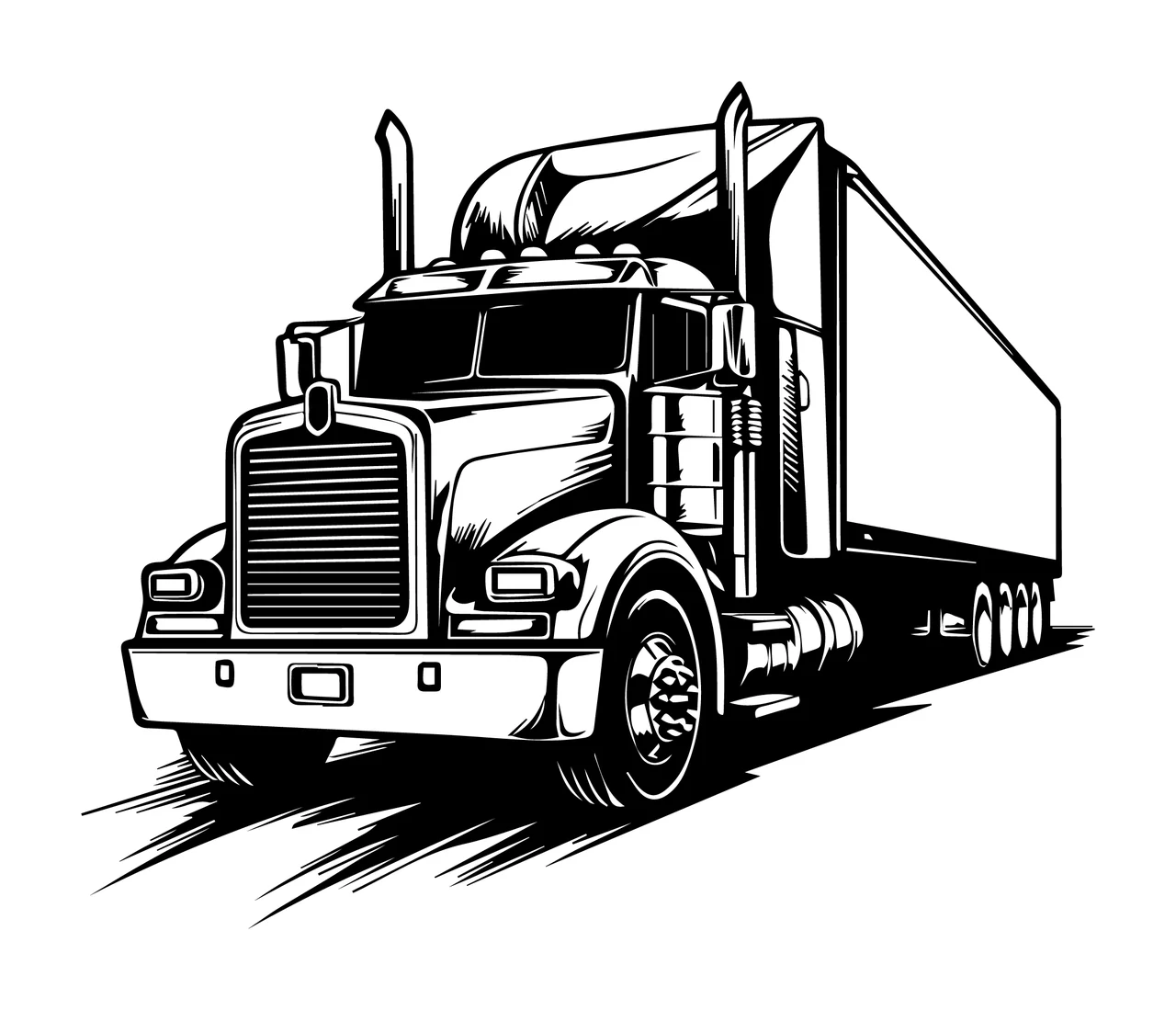 Semi Truck Moving Forward Graphic wheels exhaust stacks line drawing