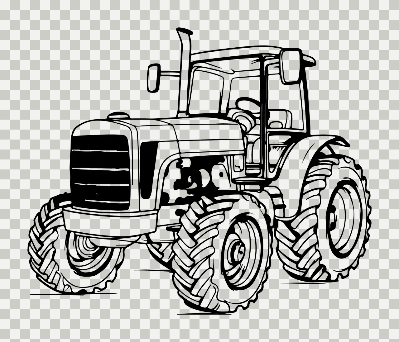Farm Tractor With Treaded Tires standing cab exhaust pipe line drawing transparency and detail preview thumbnail