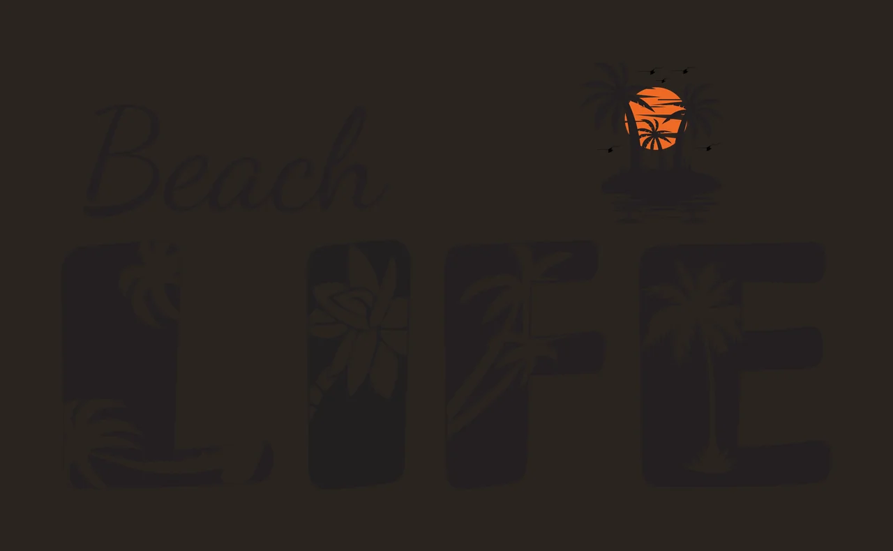 Beach LIFE Typography Design with black text 'Beach LIFE', white palm tree silhouettes inside letters, white floral silhouette inside 'L' and island with three palm trees and orange sun contrast preview thumbnail