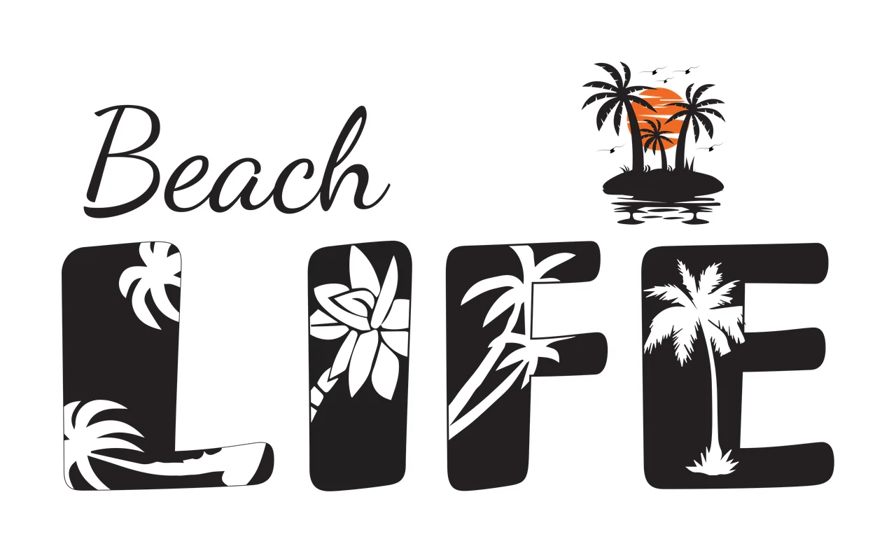 Beach LIFE Typography Design with black text 'Beach LIFE', white palm tree silhouettes inside letters, white floral silhouette inside 'L' and island with three palm trees and orange sun