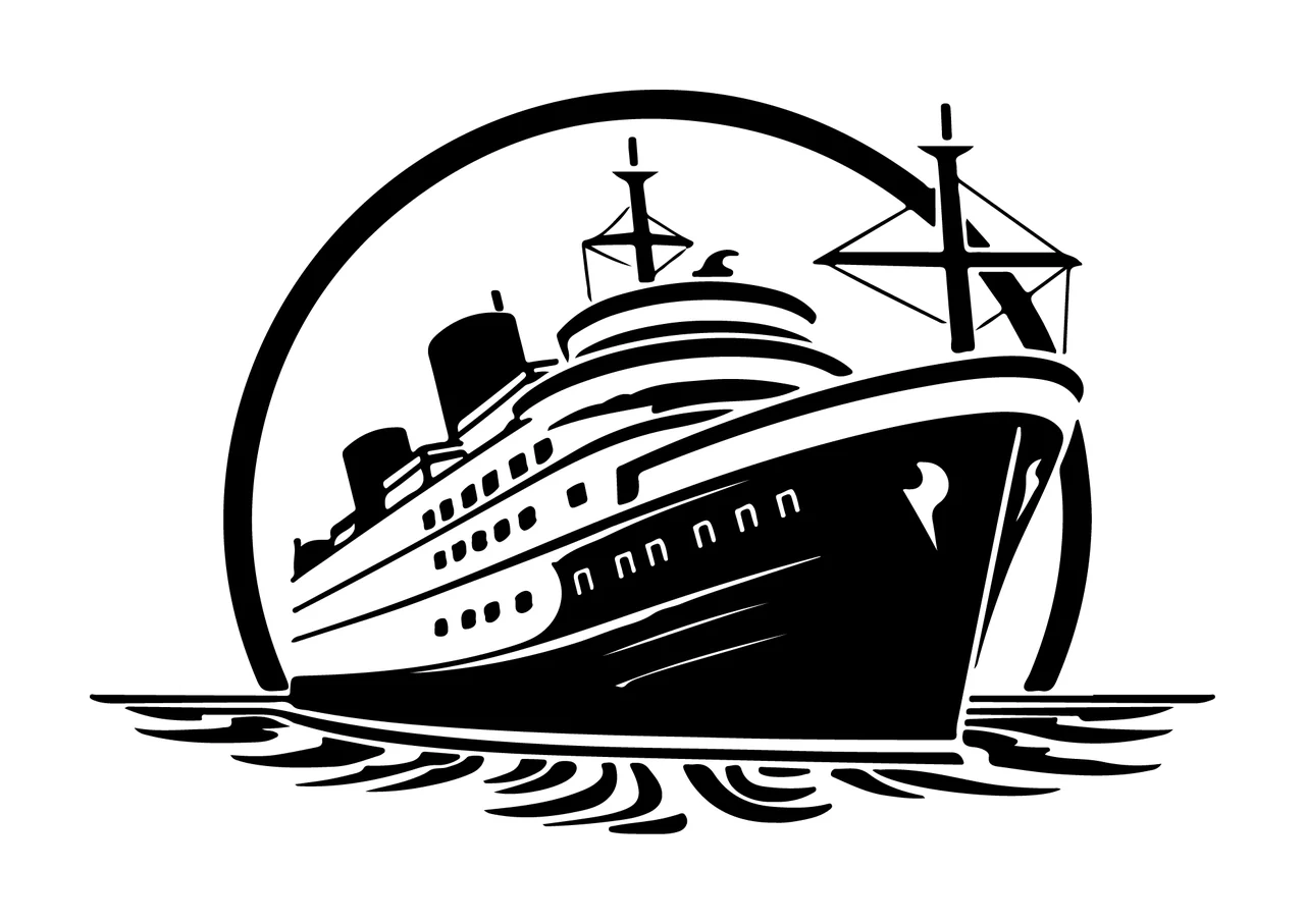 Cruise Ship N N N N N N sailing circle waves line art black