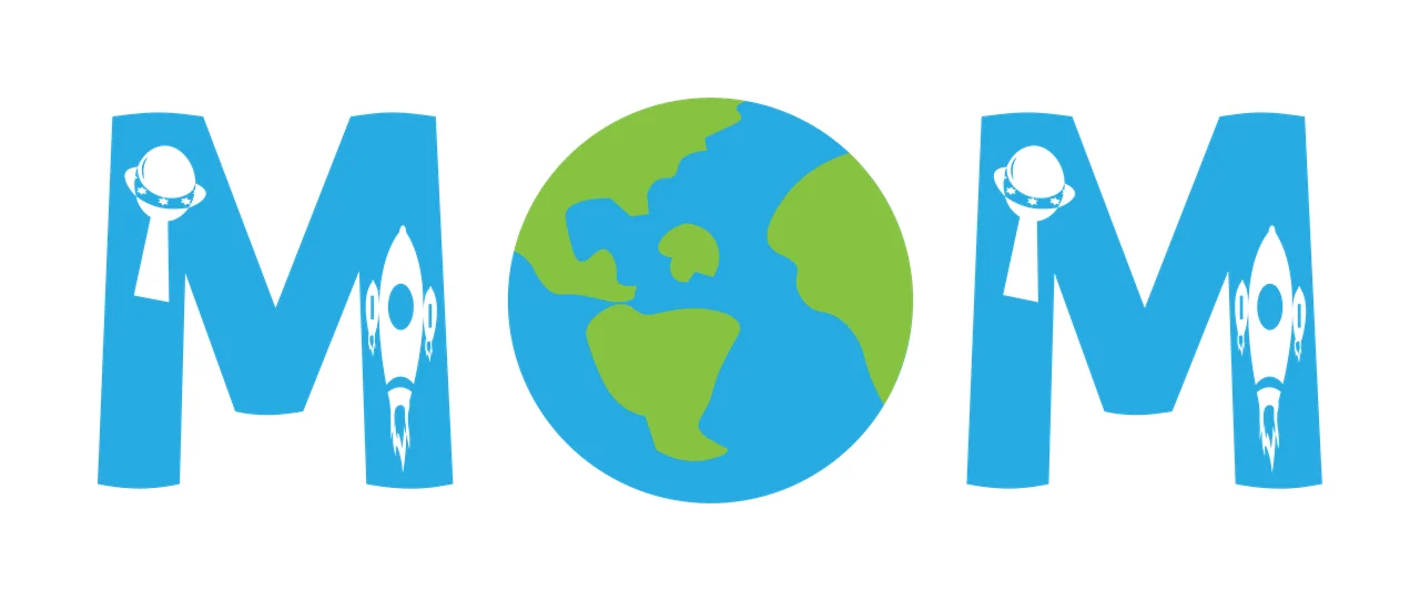 MOM Typography Design with letter M, globe, earth and rocket in blue, green and white