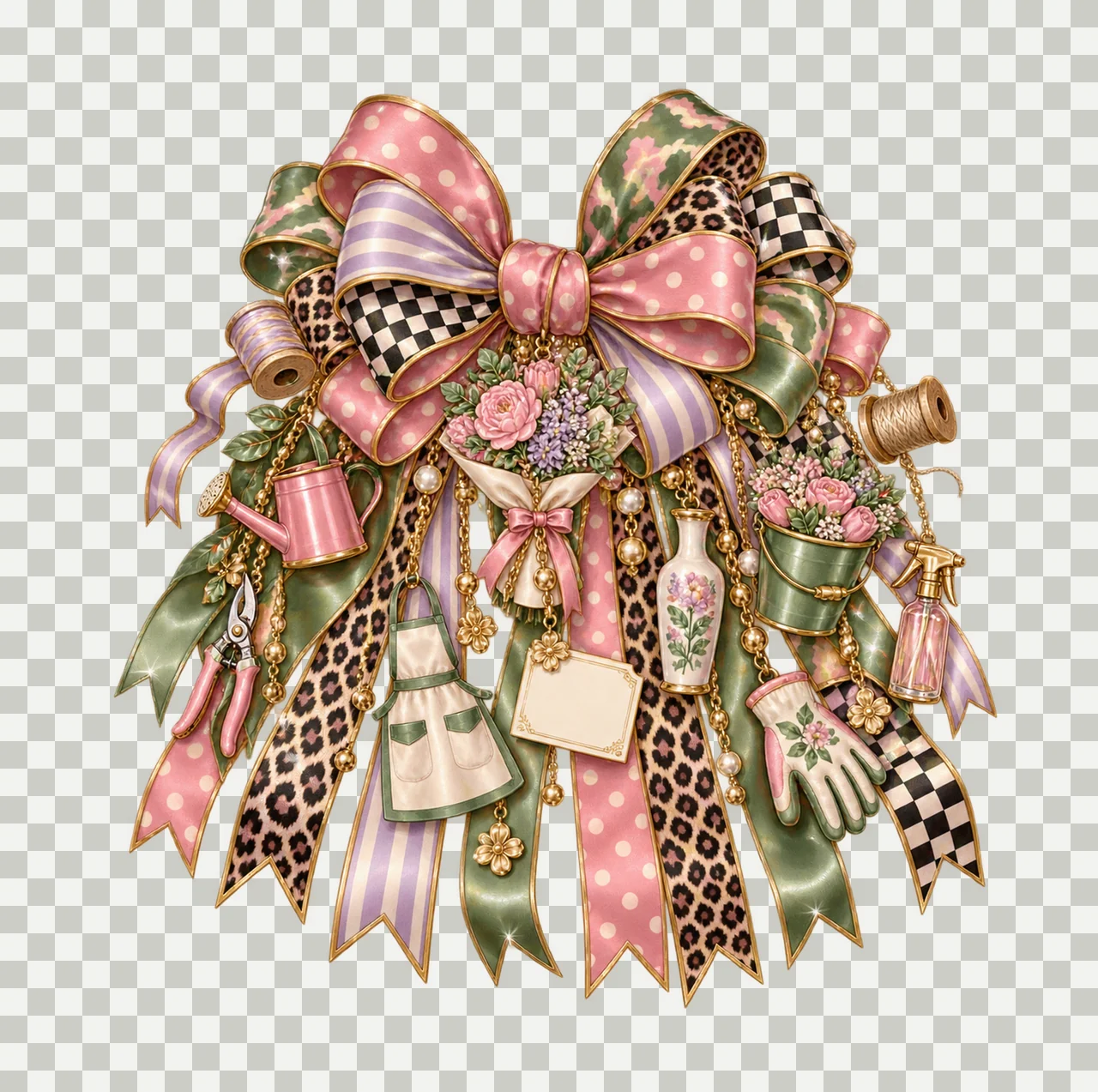 Florist Bow Charm PNG, Themed Gold Chain Charms, Coquette Ribbon Sublimation Design, Transparent Digital Download transparency and detail preview thumbnail