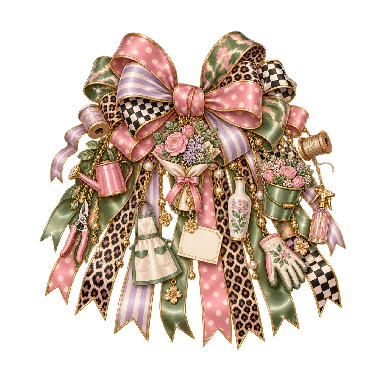 Florist Bow Charm PNG, Themed Gold Chain Charms, Coquette Ribbon Sublimation Design, Transparent Digital Download