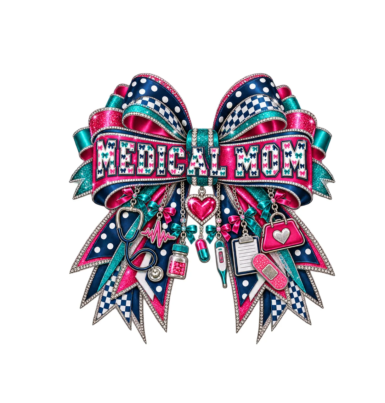 Medical Mom Bow Charm PNG, Patterned Varsity Mom Ribbon Clipart, Transparent Sublimation Digital Download