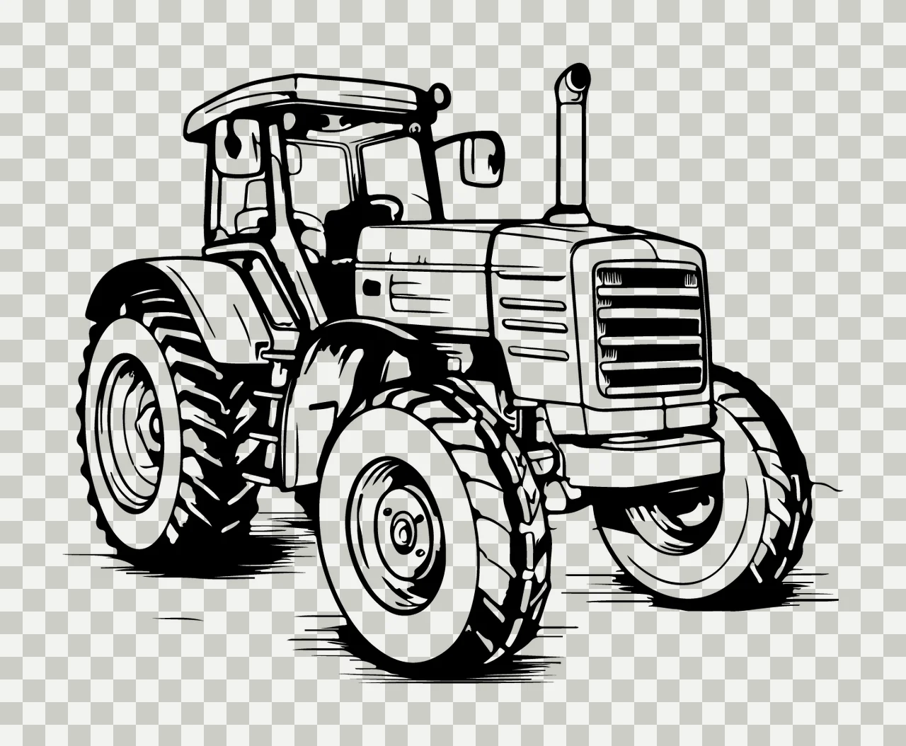 Tractor Vehicle In Black Line Art standing wheels exhaust pipe transparency and detail preview thumbnail