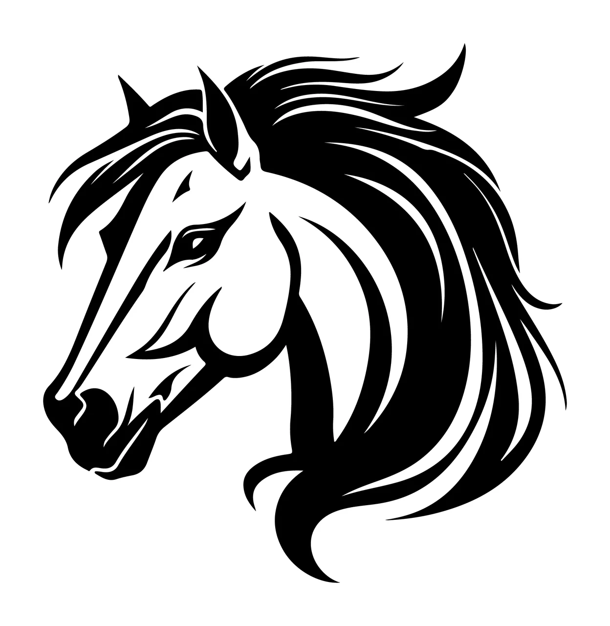 Horse Head Profile Of A With Flowing Wild mane black and white graphic