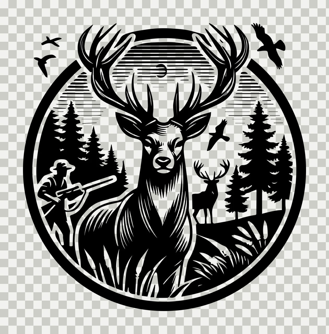 Stag In Forest Circular Black Silhouette standing deer trees transparency and detail preview thumbnail