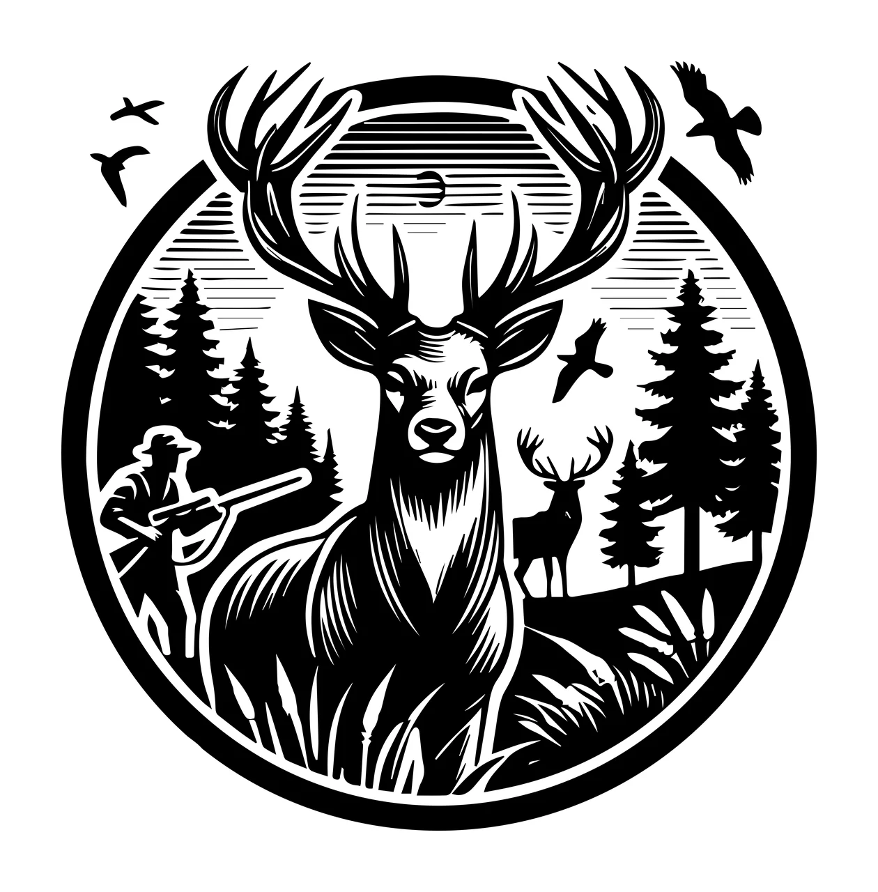 Stag In Forest Circular Black Silhouette standing deer trees