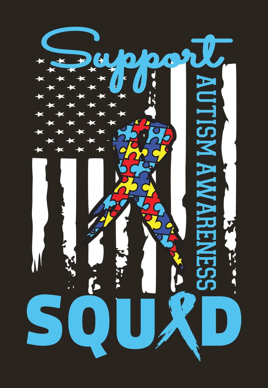 Support AUTISM AWARENESS SQUAD Awareness Typography Design with blue cursive 'Support' text, vertical blue 'AUTISM AWARENESS' text, blue 'SQUAD' text with ribbon-shaped 'A' and puzzle piece ribbon contrast preview thumbnail