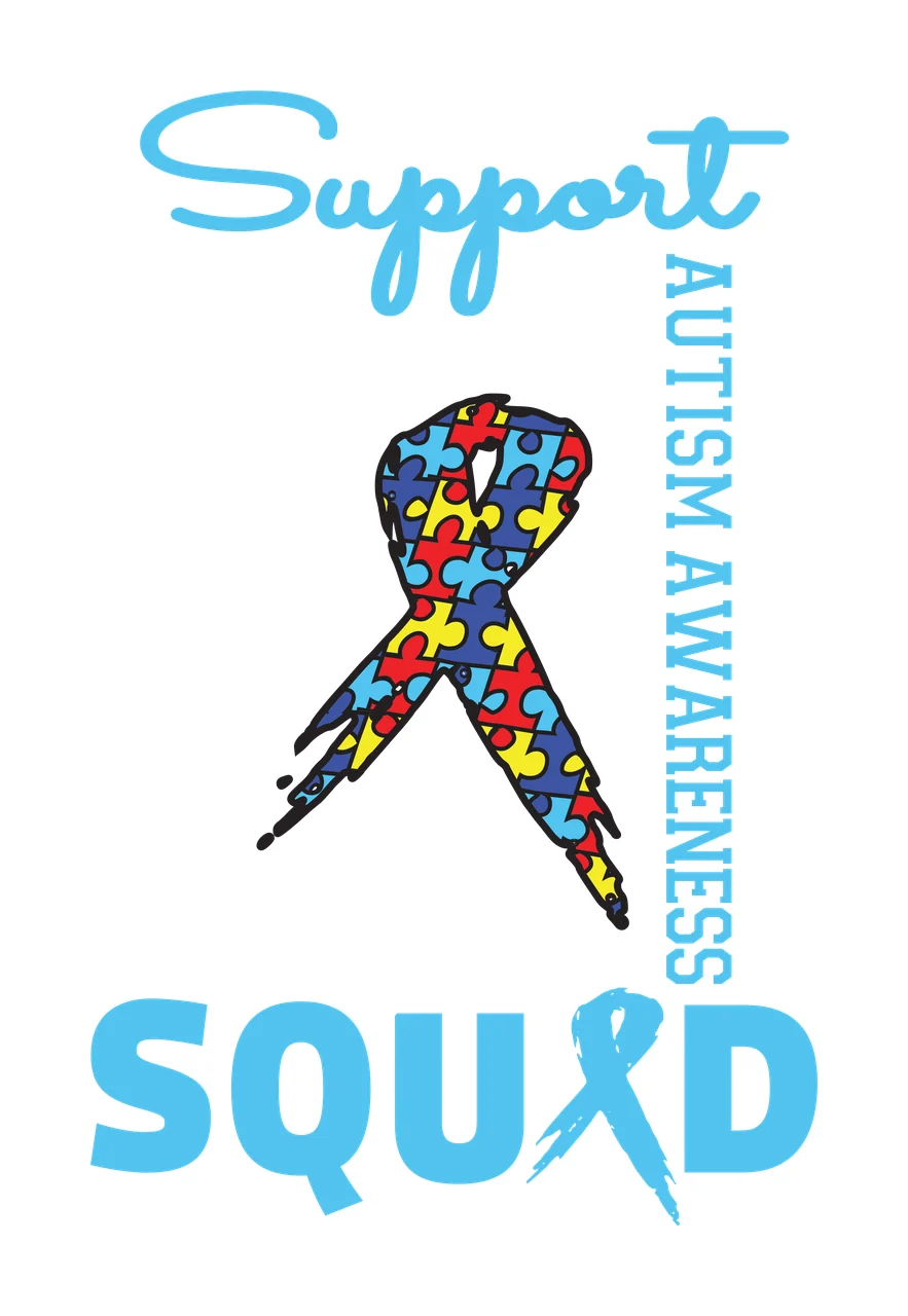 Support AUTISM AWARENESS SQUAD Awareness Typography Design with blue cursive 'Support' text, vertical blue 'AUTISM AWARENESS' text, blue 'SQUAD' text with ribbon-shaped 'A' and puzzle piece ribbon