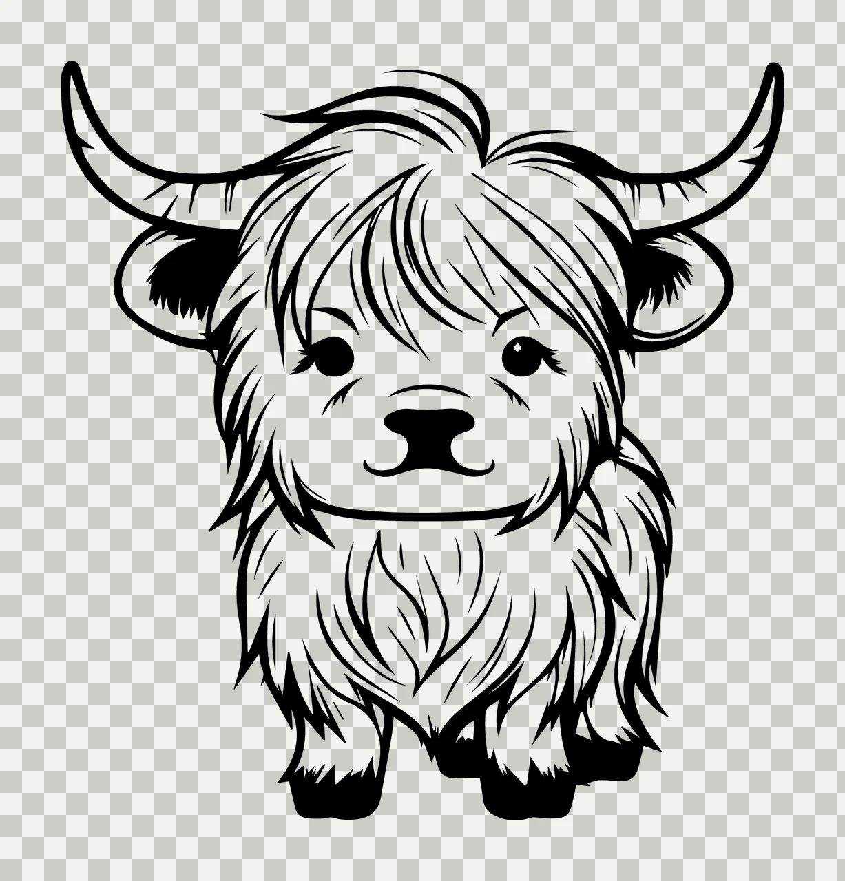 Highland Cow Cute Furry Silhouette standing line drawing black transparency and detail preview thumbnail