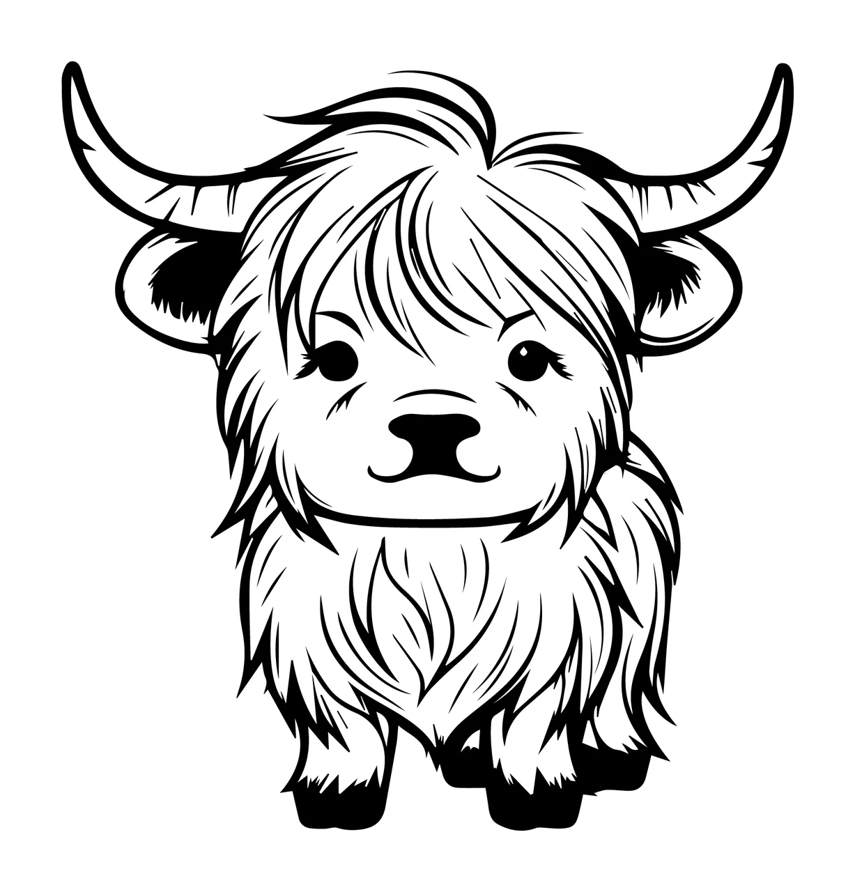 Highland Cow Cute Furry Silhouette standing line drawing black