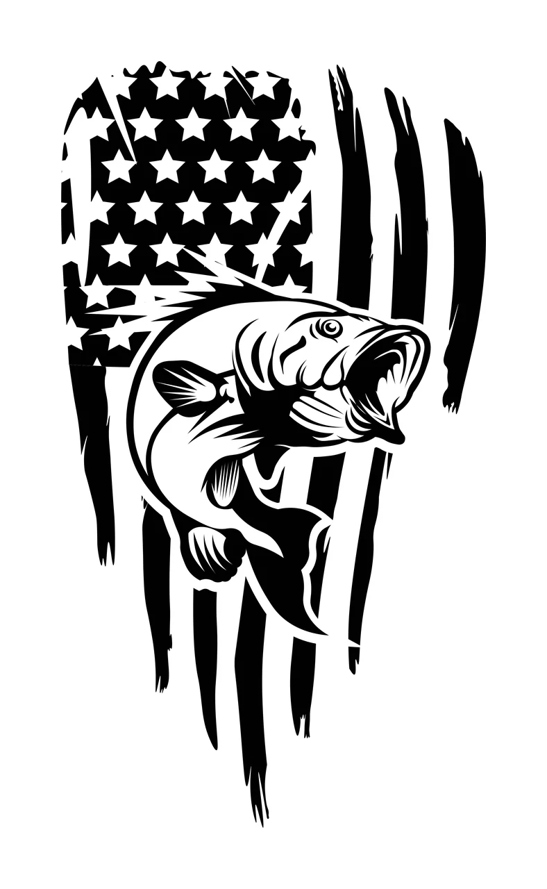 Distressed Flag Bass Fish Graphic leaping stars stripes silhouette