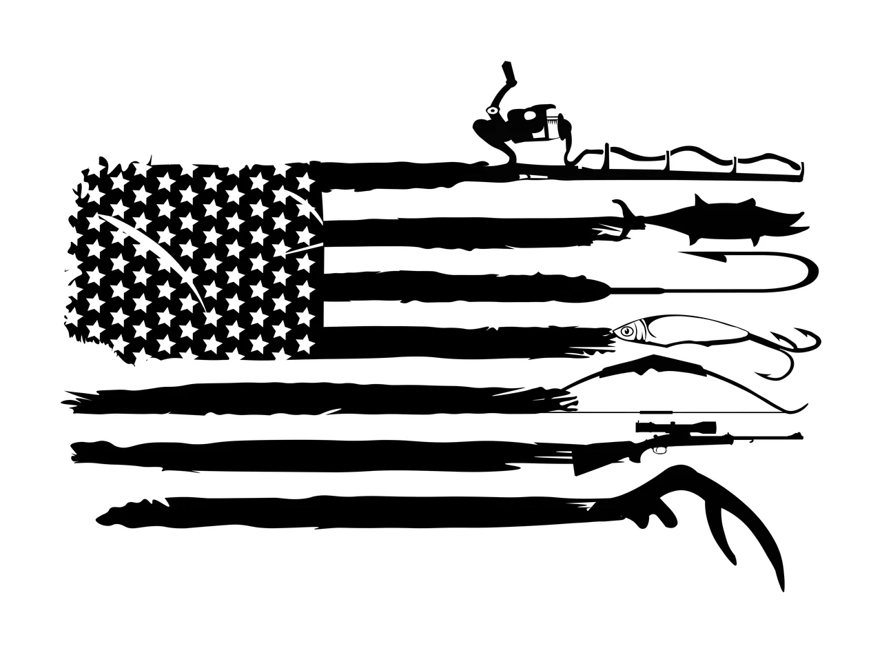 Fishing Hunting And Items Over Flag Background rod fish hook
