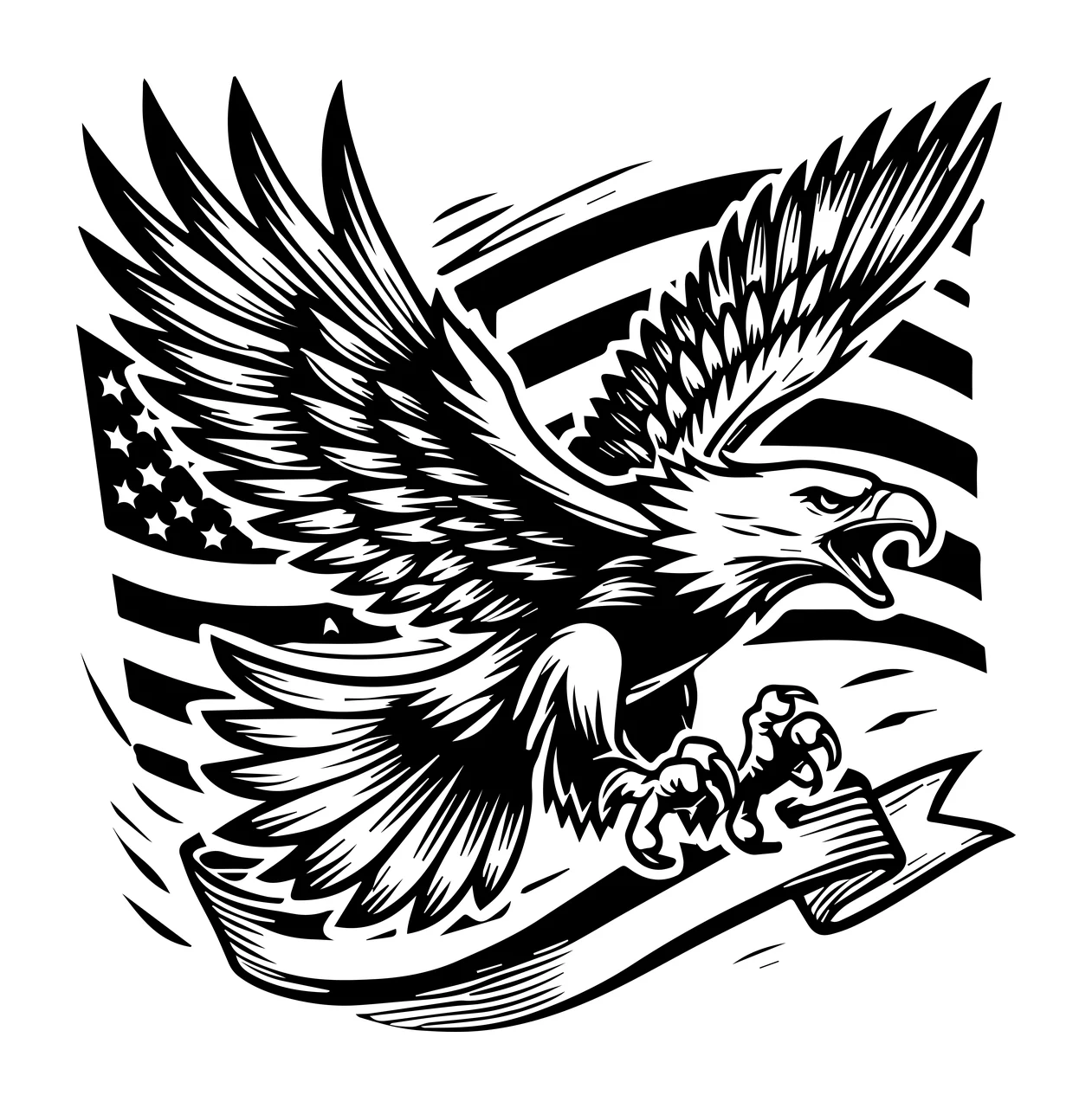 Eagle Flag Flying Over With Banner engraving black white outdoors