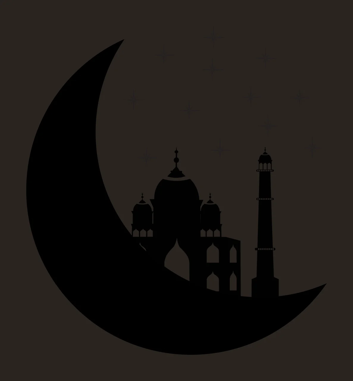 Silhouette of mosque and minaret inside crescent moon with stars Illustration with black crescent moon, silhouette of mosque with domes and arched windows, silhouette of minaret with balconies contrast preview thumbnail