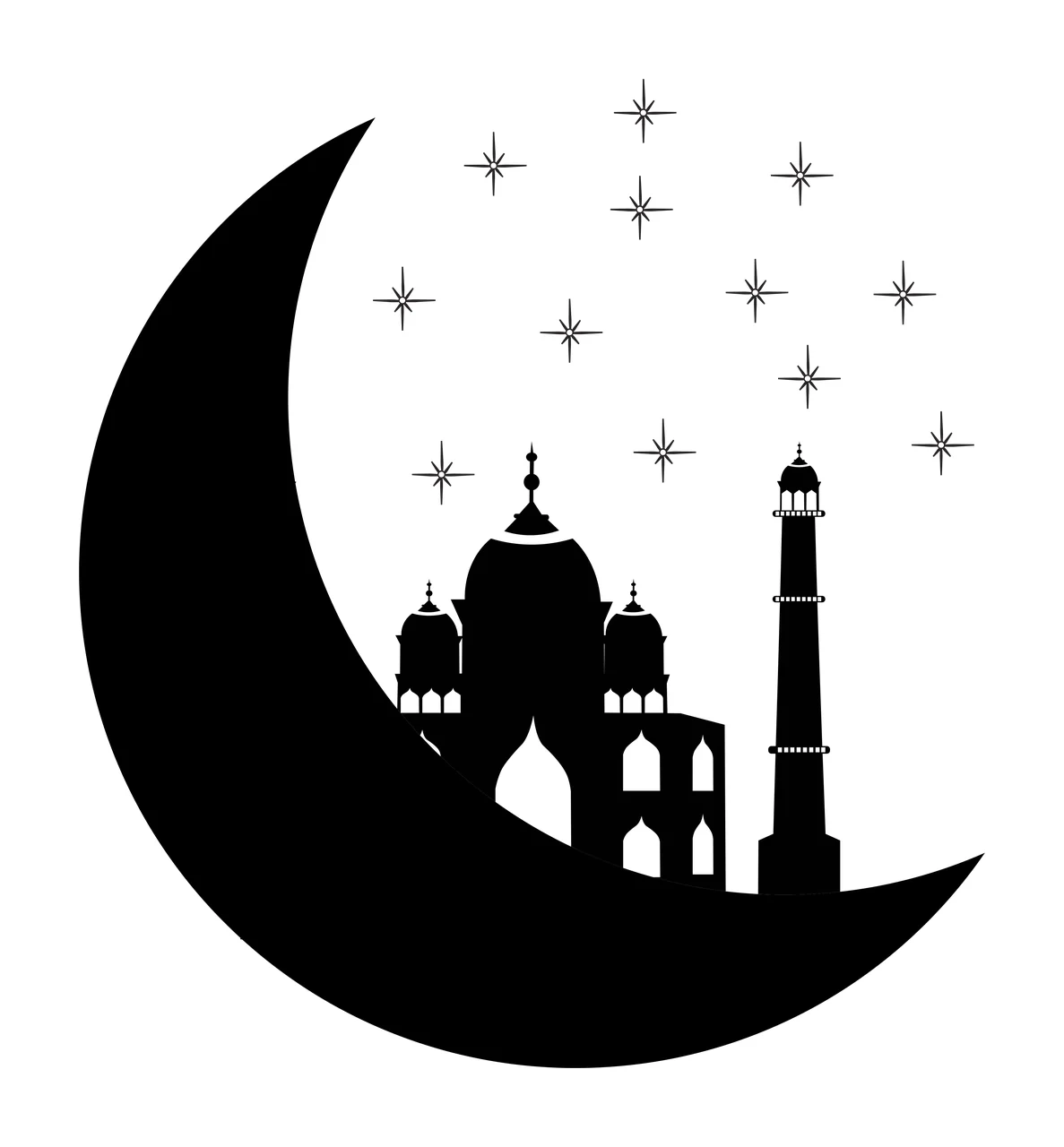 Silhouette of mosque and minaret inside crescent moon with stars Illustration with black crescent moon, silhouette of mosque with domes and arched windows, silhouette of minaret with balconies