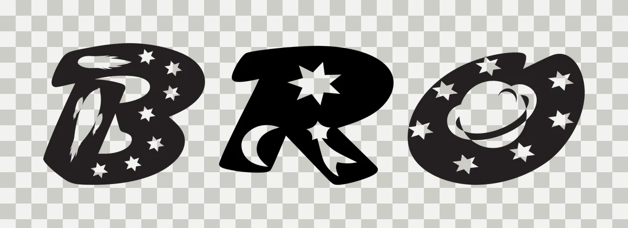 BRO Typography Design with rocket, stars, moon and shooting star in black and white transparency and detail preview thumbnail