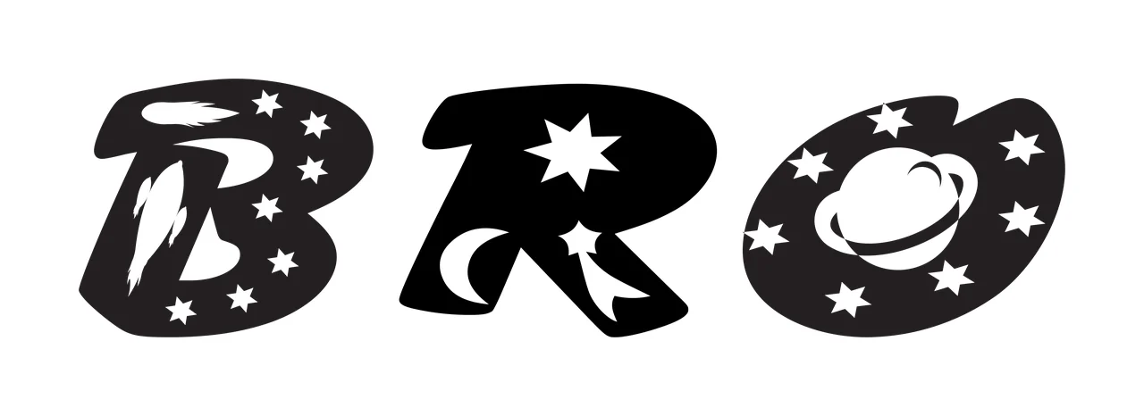BRO Typography Design with rocket, stars, moon and shooting star in black and white
