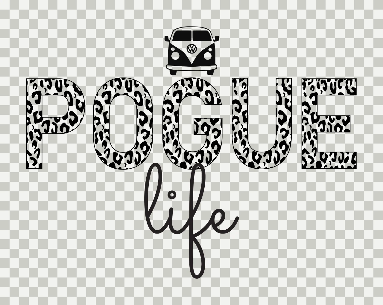 POGUE life Typography Design with leopard-print letters POGUE, black VW van icon and cursive 'life' in white transparency and detail preview thumbnail