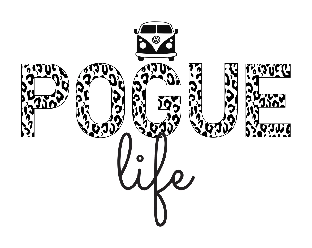 POGUE life Typography Design with leopard-print letters POGUE, black VW van icon and cursive 'life' in white