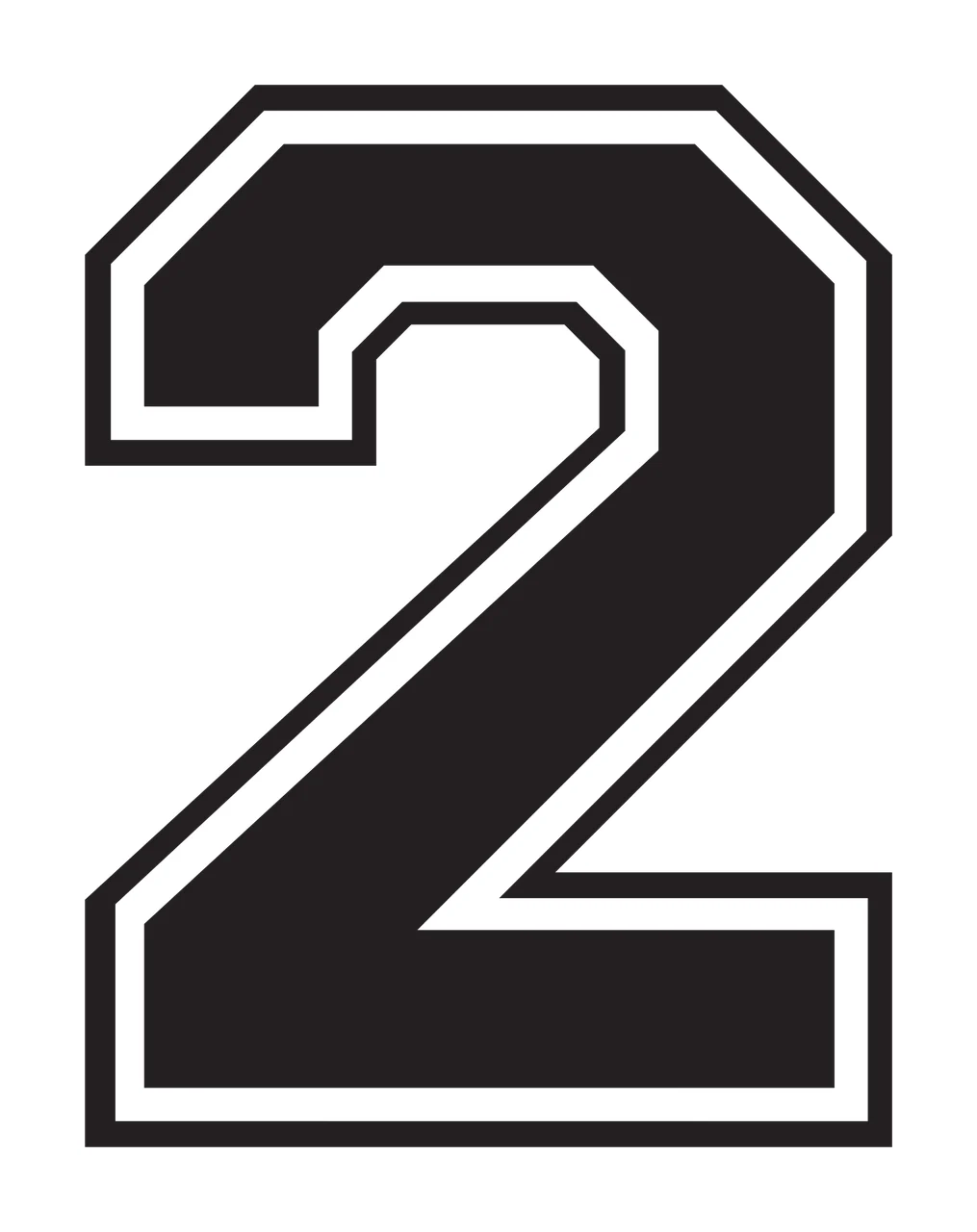 2 Number Design with double outline, block font, varsity and athletic in black and white