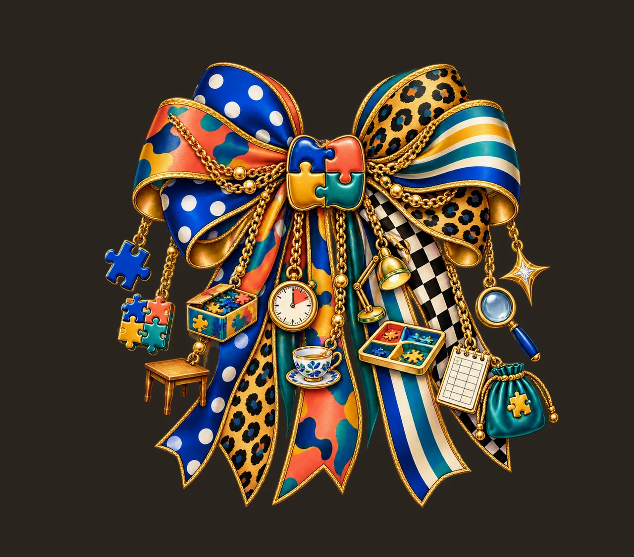 Jigsaw Puzzle Lover Bow Charm PNG, Themed Gold Chain Charms, Coquette Ribbon Sublimation Design, Transparent Digital Download contrast preview thumbnail