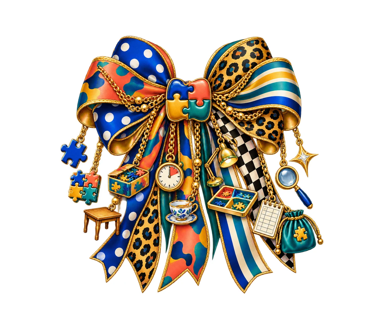 Jigsaw Puzzle Lover Bow Charm PNG, Themed Gold Chain Charms, Coquette Ribbon Sublimation Design, Transparent Digital Download