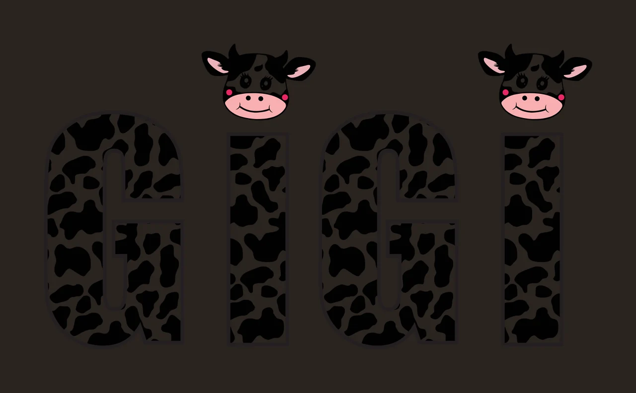 GIGI Typography Design with cow-print letters G I G I, two cartoon cow heads and black outline on white background in pink contrast preview thumbnail