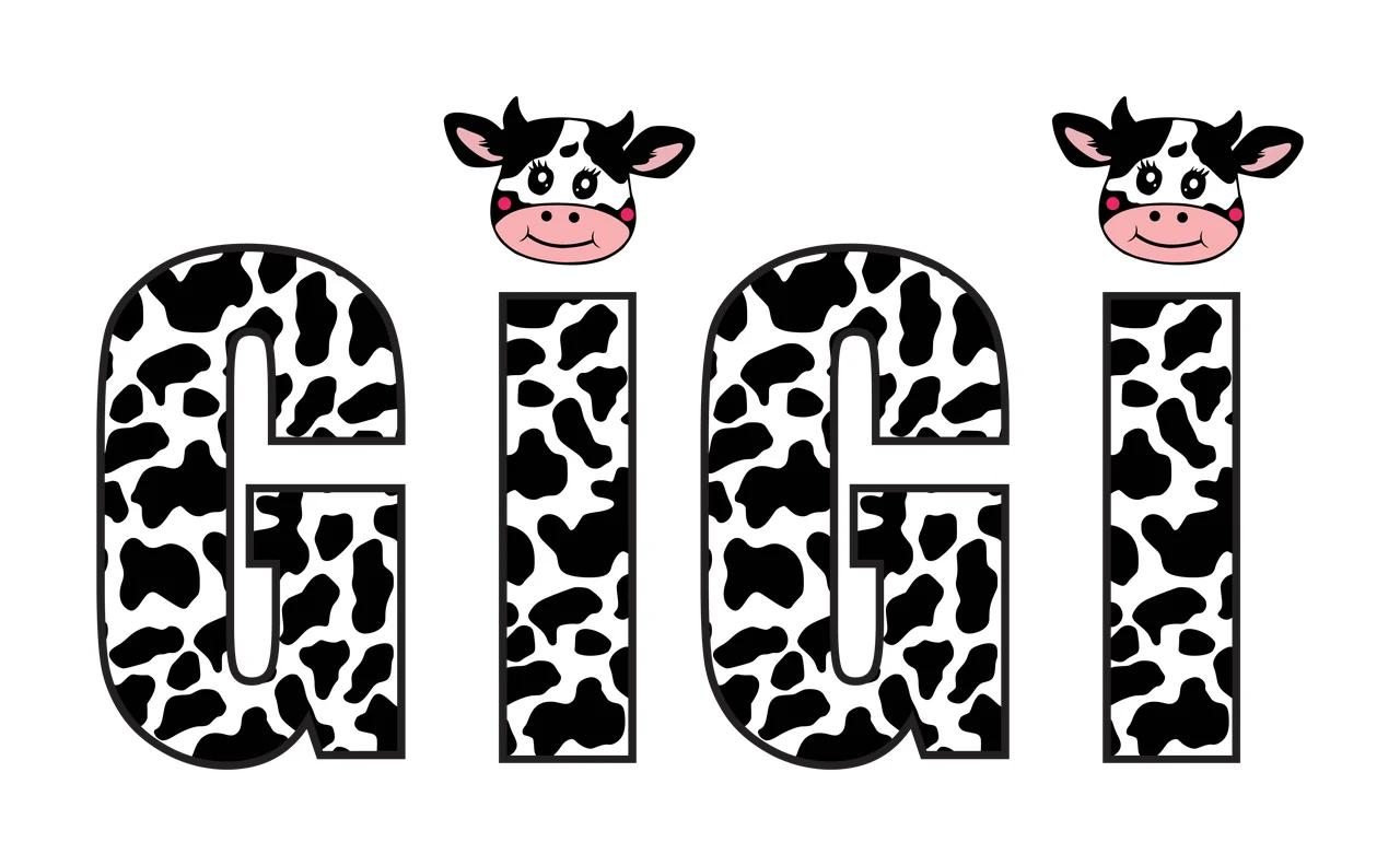 GIGI Typography Design with cow-print letters G I G I, two cartoon cow heads and black outline on white background in pink