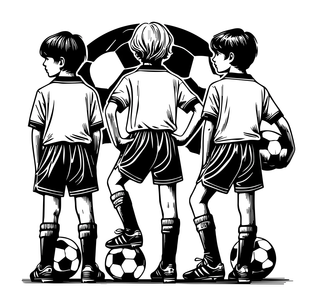 Soccer Ball Three Players Standing With Balls uniforms shoes