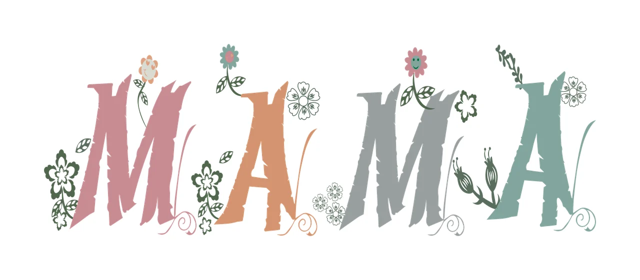 MAMA Typography Design with pink letter M, orange letter A, gray letter M and teal letter A