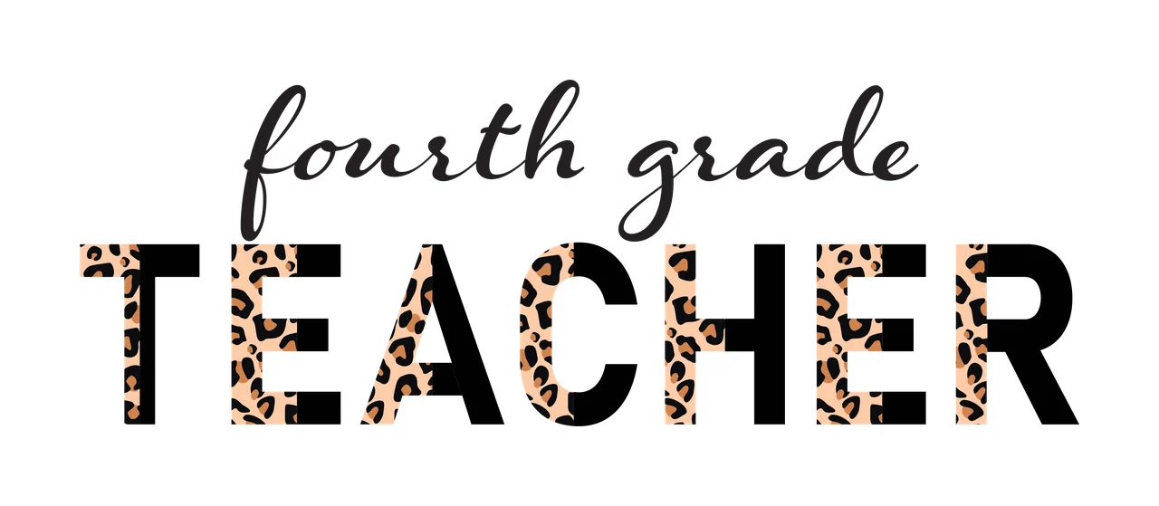 Fourth grade TEACHER Typography Design with fourth grade cursive text, TEACHER bold uppercase letters, leopard print pattern and split color typography in black, tan and brown