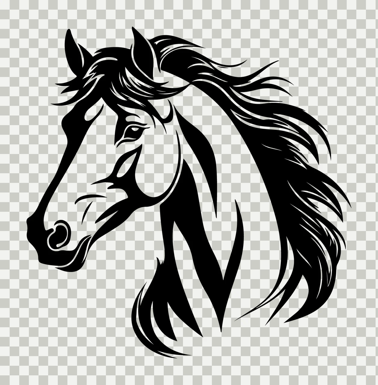 Horse Head Silhouette Graphic Profile view Mane Stenciled Black transparency and detail preview thumbnail