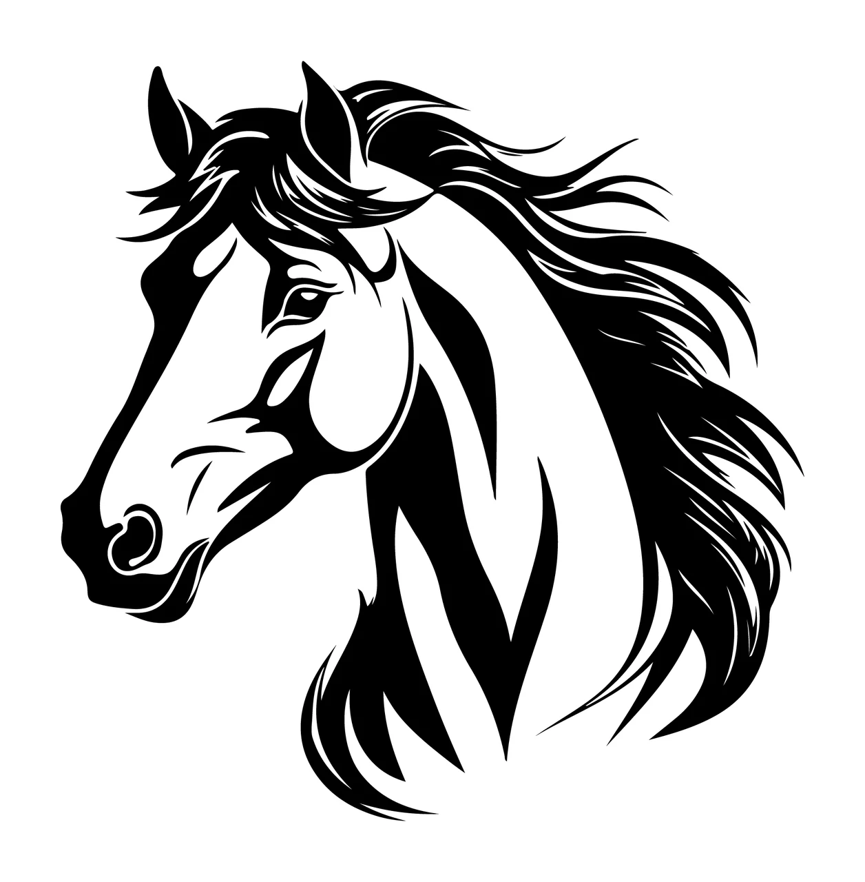 Horse Head Silhouette Graphic Profile view Mane Stenciled Black