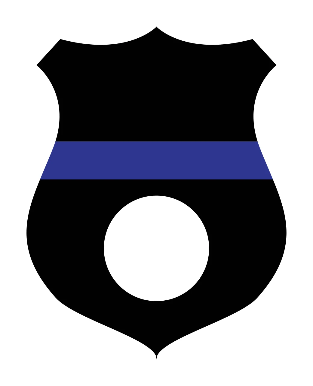 Shield emblem Illustration with black shield, blue horizontal stripe and white circle cutout