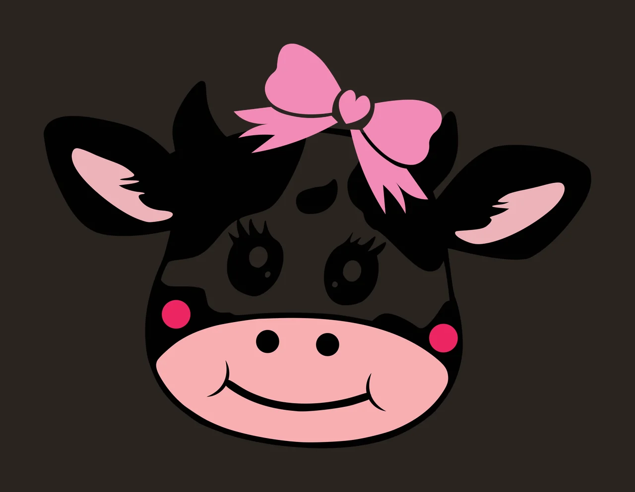 Cow face Illustration with pink bow, heart, eyelashes and pink cheeks in black and white contrast preview thumbnail