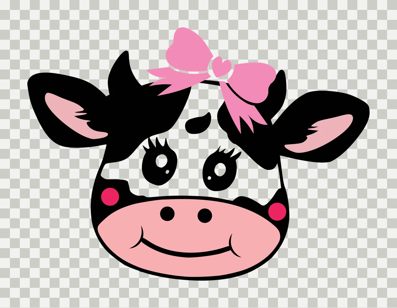 Cow face Illustration with pink bow, heart, eyelashes and pink cheeks in black and white transparency and detail preview thumbnail