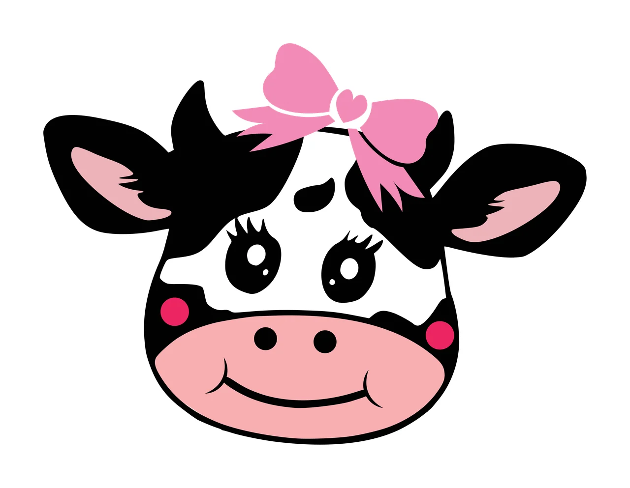 Cow face Illustration with pink bow, heart, eyelashes and pink cheeks in black and white