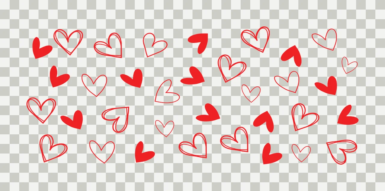 Heart doodle pattern Illustration with red solid hearts, red outlined hearts and white outlined hearts transparency and detail preview thumbnail