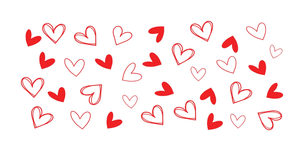 Heart doodle pattern Illustration with red solid hearts, red outlined hearts and white outlined hearts