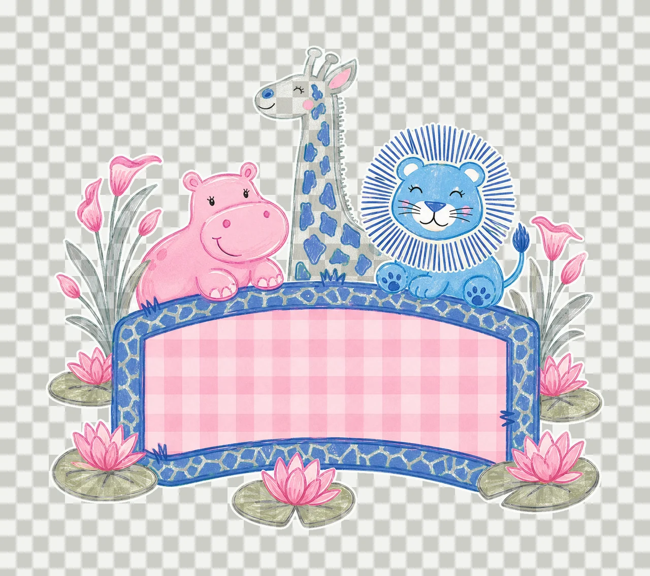 Hippo giraffe and lion trio with Name Patch girl Variation A transparency and detail preview thumbnail