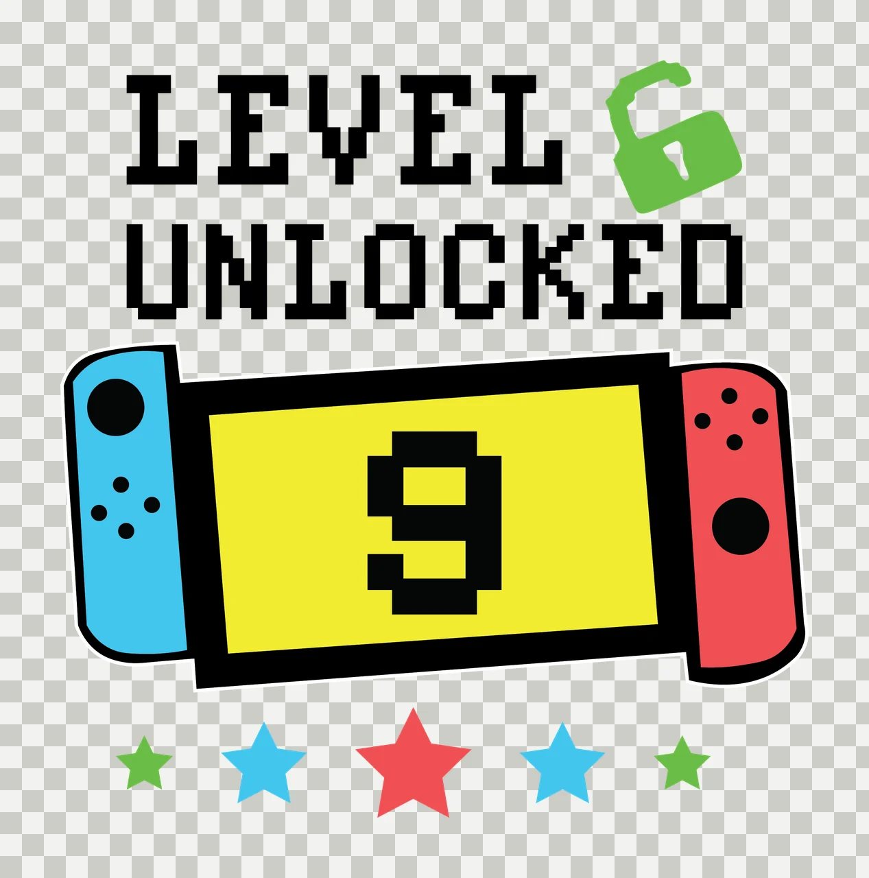Level Unlocked Pixel Art Text With Ribbon stars padlock black transparency and detail preview thumbnail