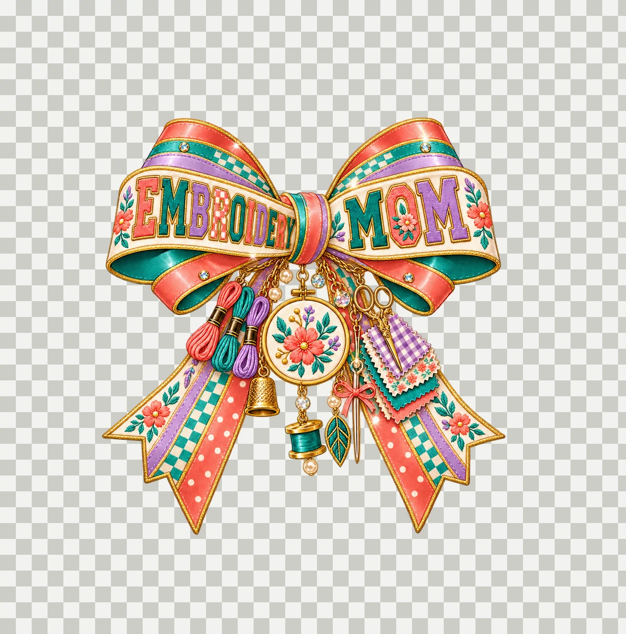 Embroidery Mom Bow Charm PNG, Patterned Varsity Mom Ribbon Clipart, Transparent Sublimation Digital Download transparency and detail preview thumbnail