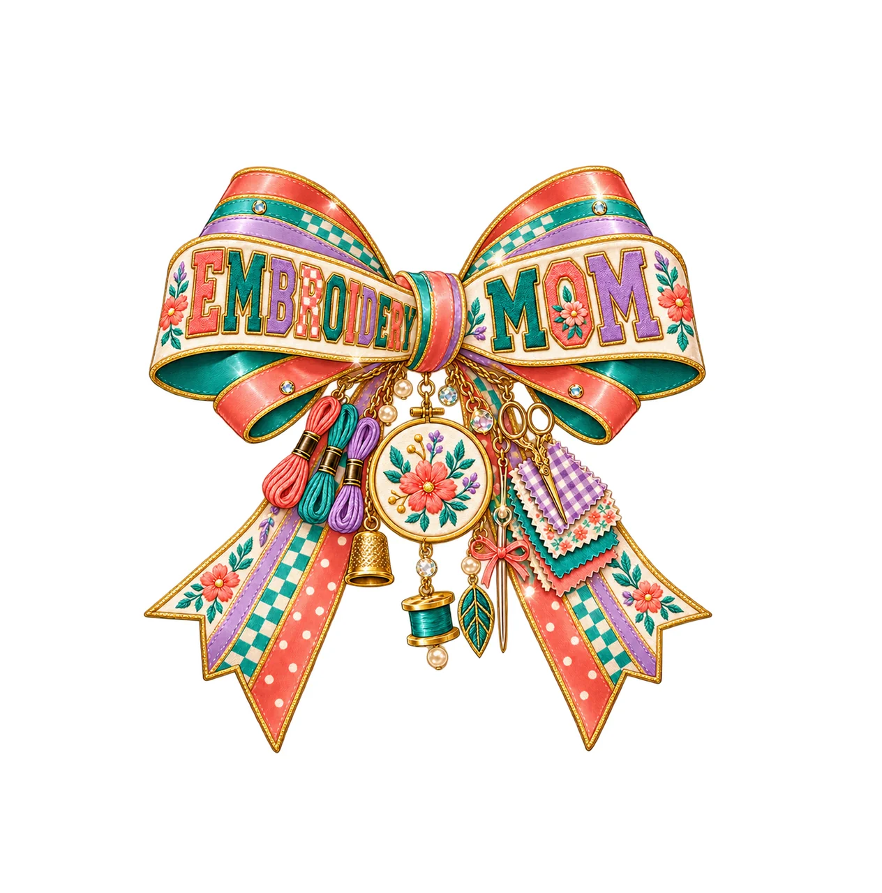 Embroidery Mom Bow Charm PNG, Patterned Varsity Mom Ribbon Clipart, Transparent Sublimation Digital Download