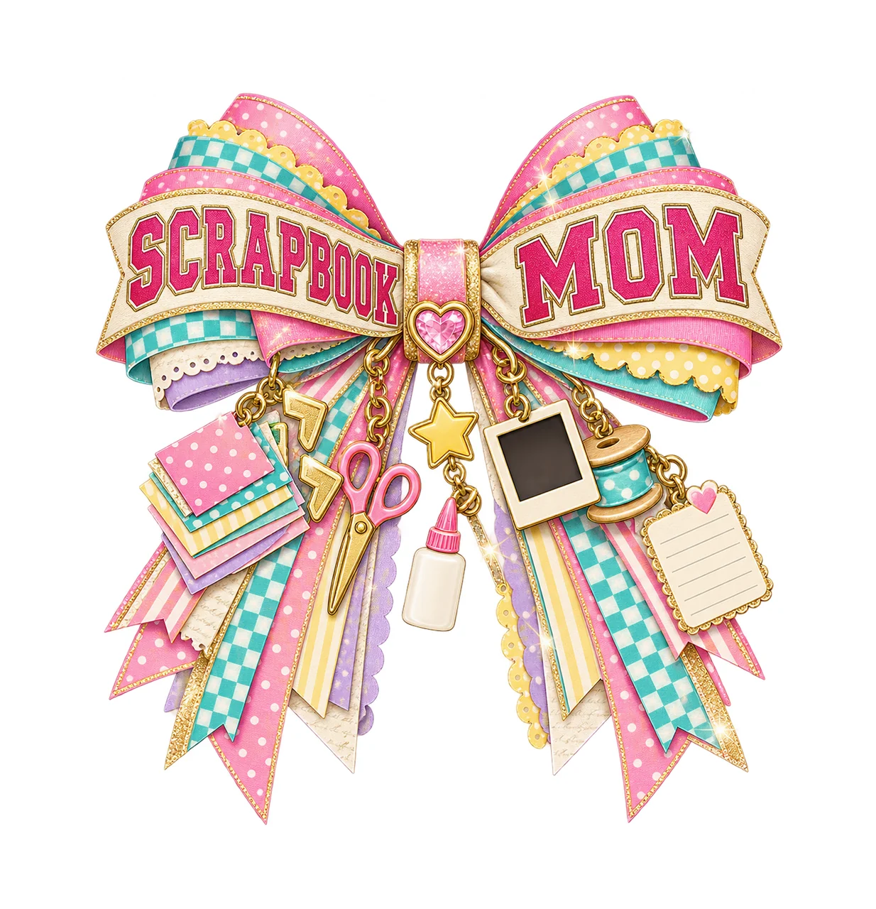 Scrapbook Mom Bow Charm PNG, Patterned Varsity Mom Ribbon Clipart, Transparent Sublimation Digital Download